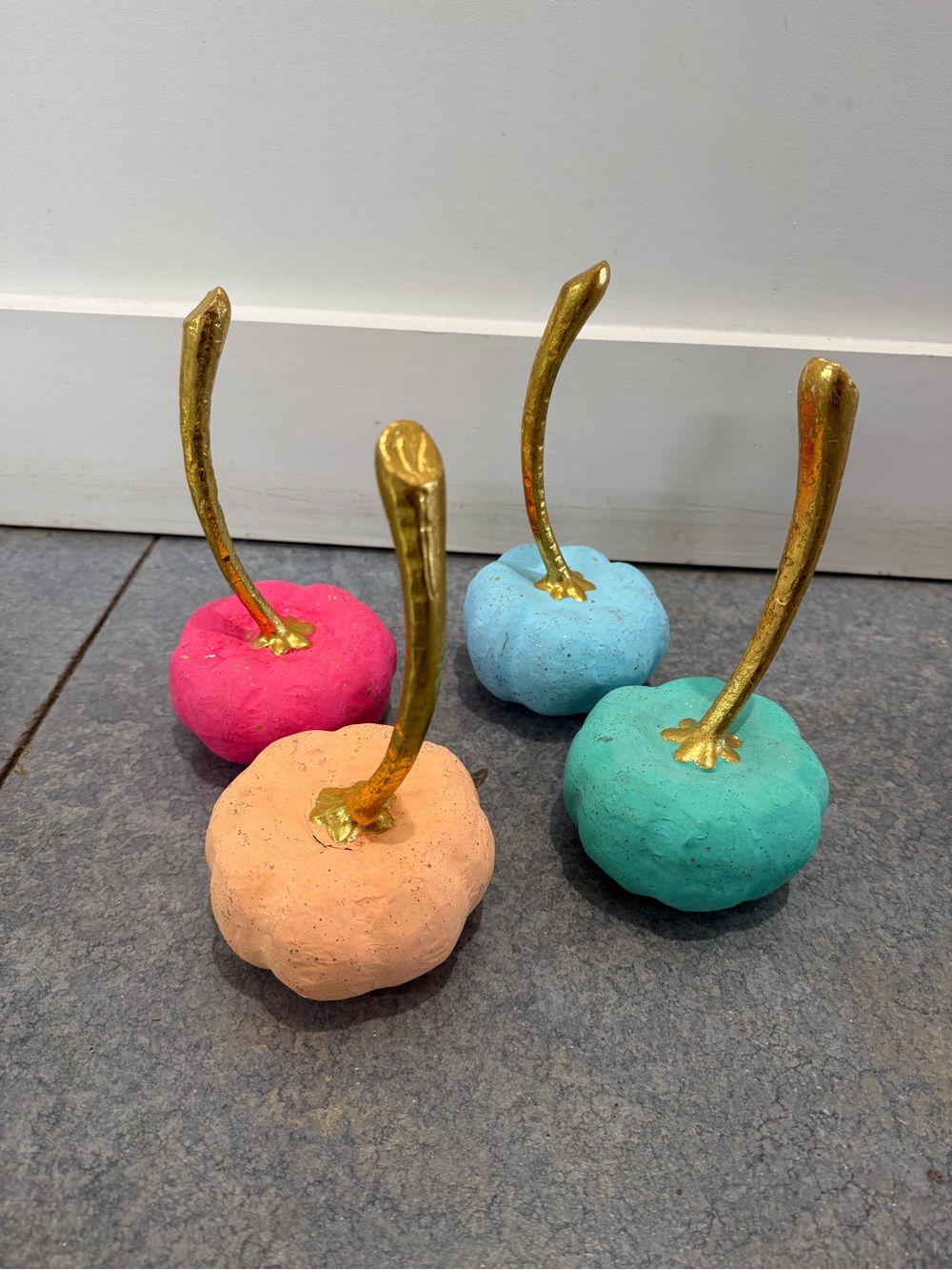 Glitterville Set of 4 Colorful Decorative Pumpkins with Gold Stems